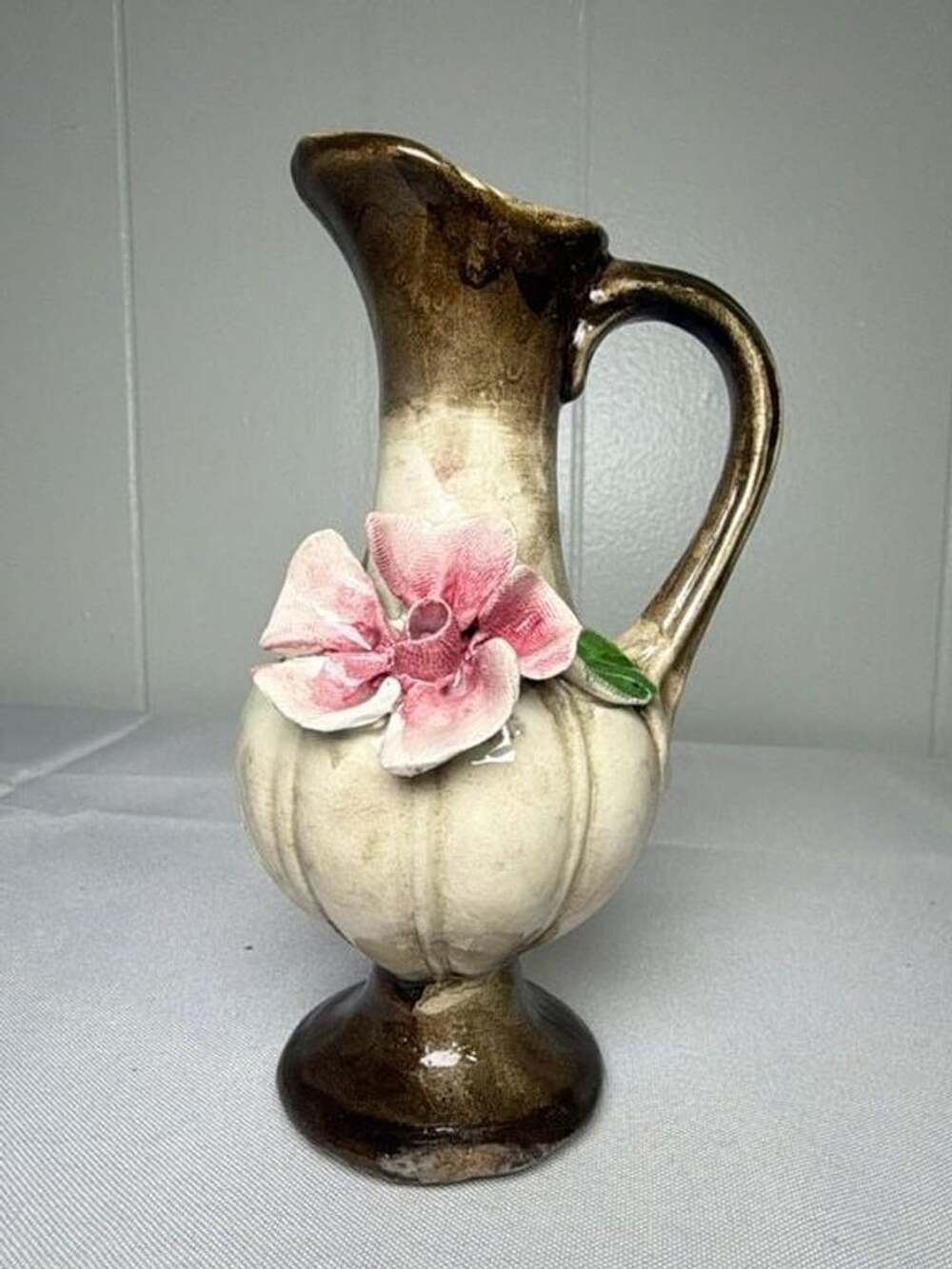 Capodimonte Ceramic Pitcher Vase Brown Beige Pink Flower 6 Inch
